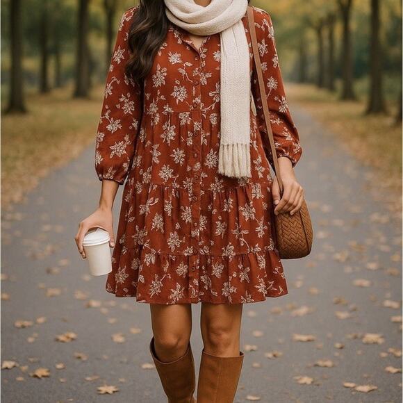 Garnet Hill Dresses & Skirts - Garnet Hill Brown Floral Drop Waist Dress Slouchy Western Boho Size 14